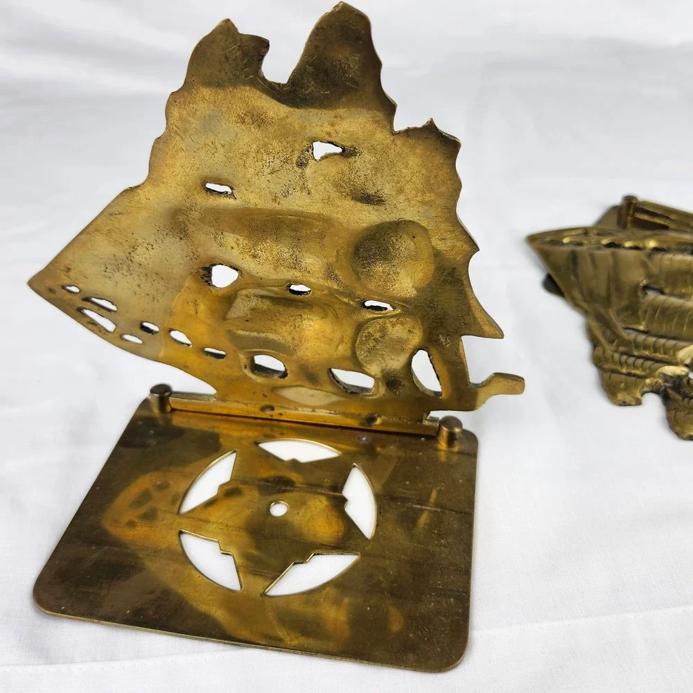 Two VTG Solid Brass Schooners Sailing Ships Nautical MCM Folding Style Bookends